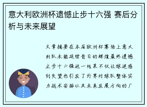 意大利欧洲杯遗憾止步十六强 赛后分析与未来展望